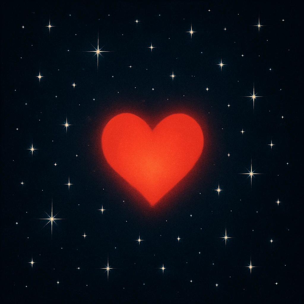 a heart glowing in the dark surrounded by stars, midnight theme emoji