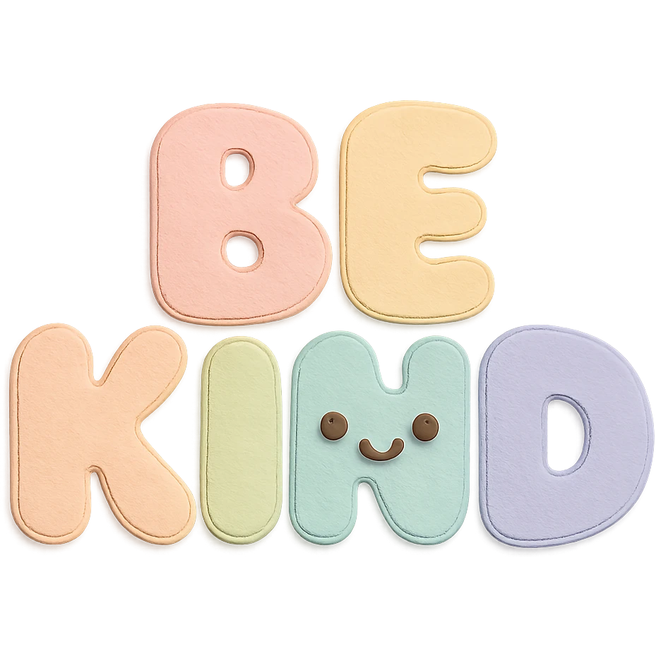"Be Kind" in soft pastel rainbow puffy bubble letters, kawaii cute style, transparent background, no frame emoji