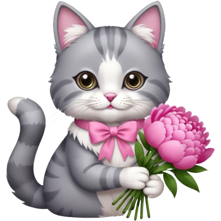 Cute cat Handing pink peonies like reaching a hand and handing them out a bouquet of them not a physical hand the cats hand  make the cat fluffy and grey and white fluffier make the cat wear a pink coquette make her wear a pink coquette emoji