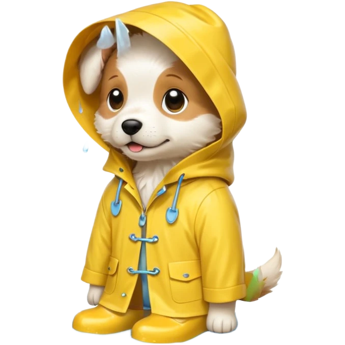 White and tan puppy im yellow raincoat and rainboots emoji