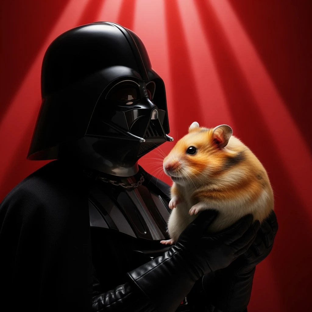 Closeup Photo of a darth vader holding big hamster, low key light, red solid background with leading lines, back light, spot light emoji