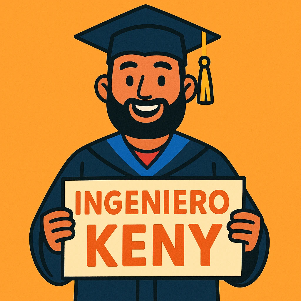 un graduado universitario con barba sosteniendo un cartel que dice INGENIERO KENY, estilo ilustración colorida, alegre y simpático, fondo simple emoji