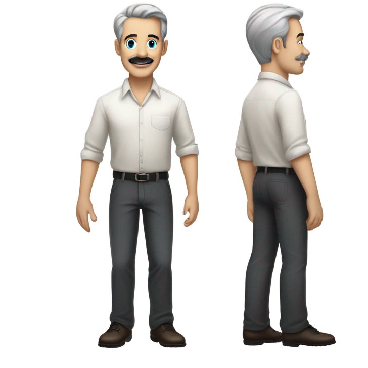 a white man standing  with blue eyes a thick dark brown and grey moustache, down turned black eyebrows and then dark grey hair he’s wearing an expensive watch and a white shirt and black dressy pants with beige loafers he’s looking at her smiling”  emoji
