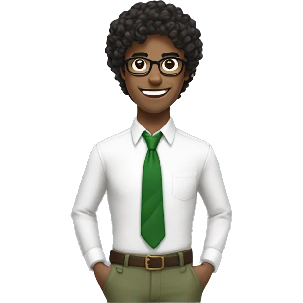 british guy with spectacle, wearing white button up shirt, green pants, red and green tie, brown belt, curly black hair, bad teeth, pointy nose, emoji