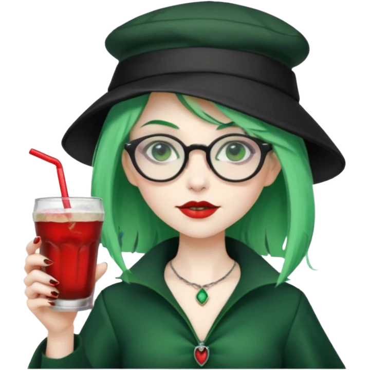 vampire green hair Drink holders with hat, wearing glasses, female emoji