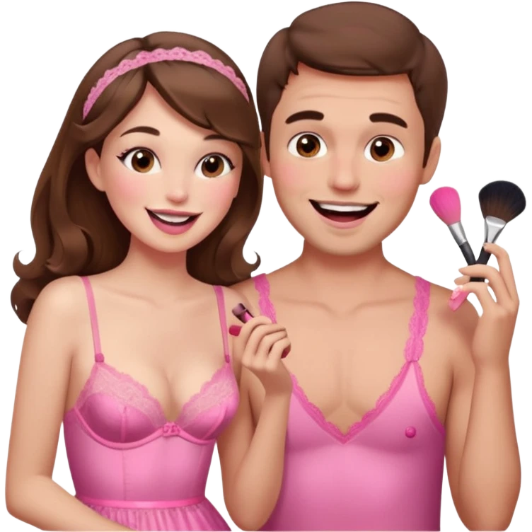 brown hair male getting sissified in pink lingerie dress by his wife. the wife is laughing. she is doing makeup emoji