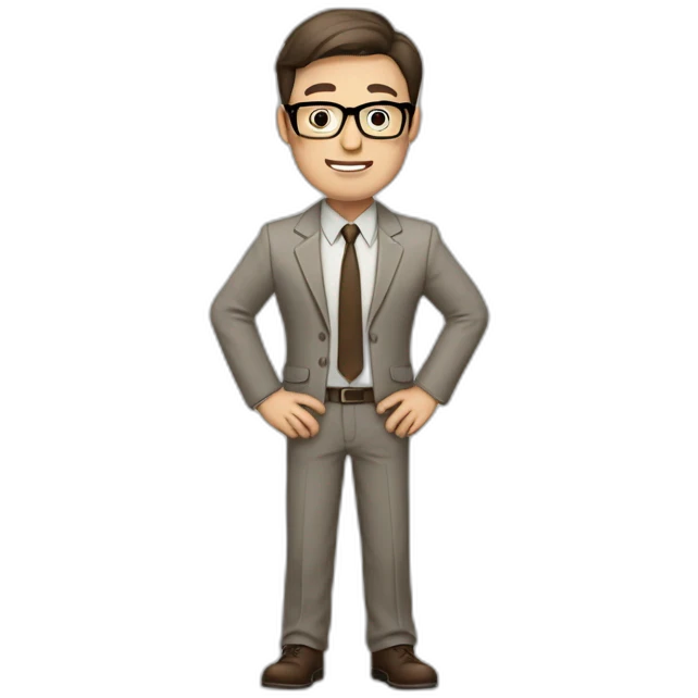 Full height Actively gesturing with hands Pale skinned fit man with dark brown hair in gray jacket, beige office shirt, brown tie, brown pants and vintage glasses. emoji