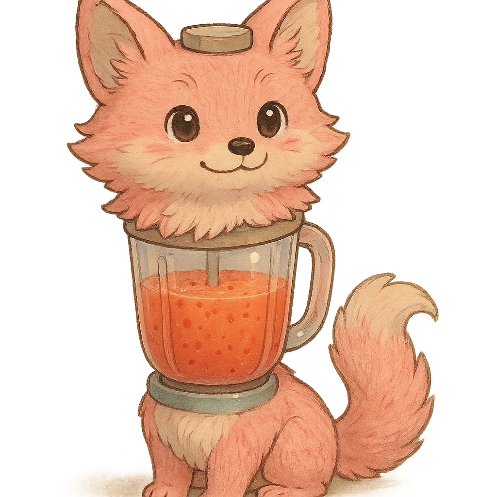 high-quality Ghibli-style illustration of a blender transformed into a soft, fluffy fox with a transparent body filled with a vibrant fruity smoothie, pastel pink fur, sparkling eyes, sweet expression, full-body pose, detailed texture, clear glossy smoothie inside emoji