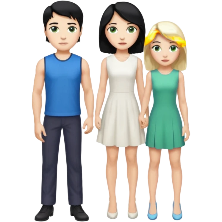 prince, standing upright, black Hair, blue eyes, garment, and woman, bending knee, sleveless white dress, blonde hair, green eyes, emoji