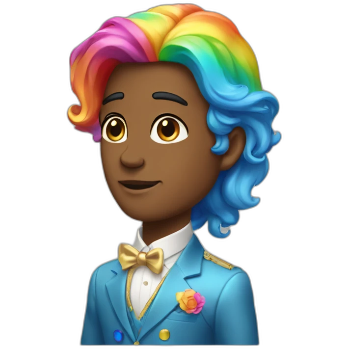 Posh-boy-with-golden-suit-and-blue-eyes-and-rainbow-unicorn-hair emoji