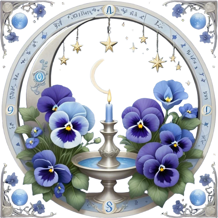 A dreamlike composition where deep and light blue pansies bloom in harmony, forming a celestial garden bathed in moonlight. A silver crescent moon dominates the sky, adorned with astrological sigils that softly pulse with energy. Suspended in the background are glowing planetary alignments, connected by delicate silver threads forming an intricate star chart. A round, pearl-colored candle, resting on an open book of cosmic wisdom, flickers with an otherworldly flame, casting symbols of the zodiac in its soft glow. Wisps of blue mist swirl around, revealing glimpses of lunar eclipses and distant galaxies, creating a scene filled with mysticism and cosmic wonder. emoji