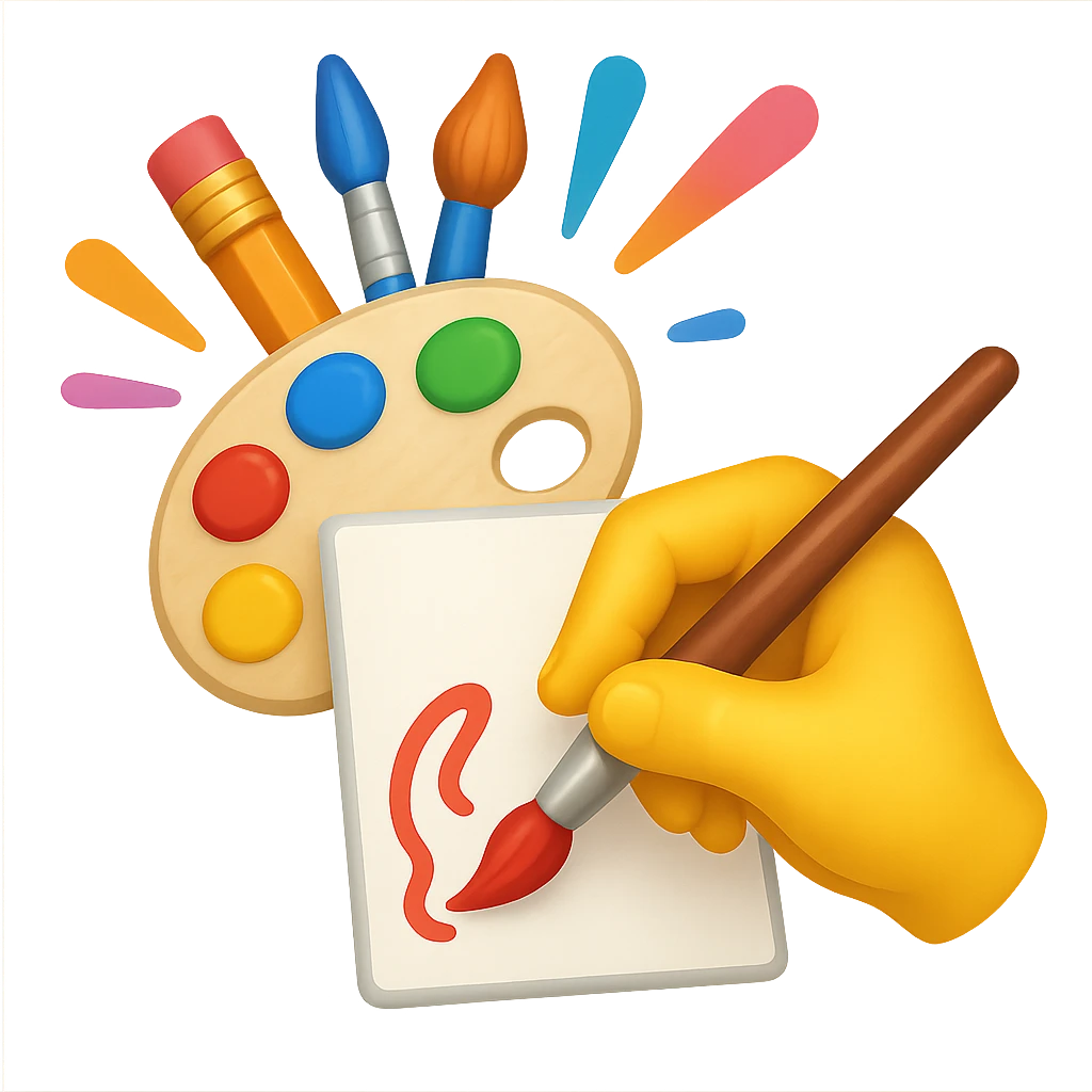 emoji symbolizing creativity with a hand drawing or painting, vivid colors, and artistic tools emoji