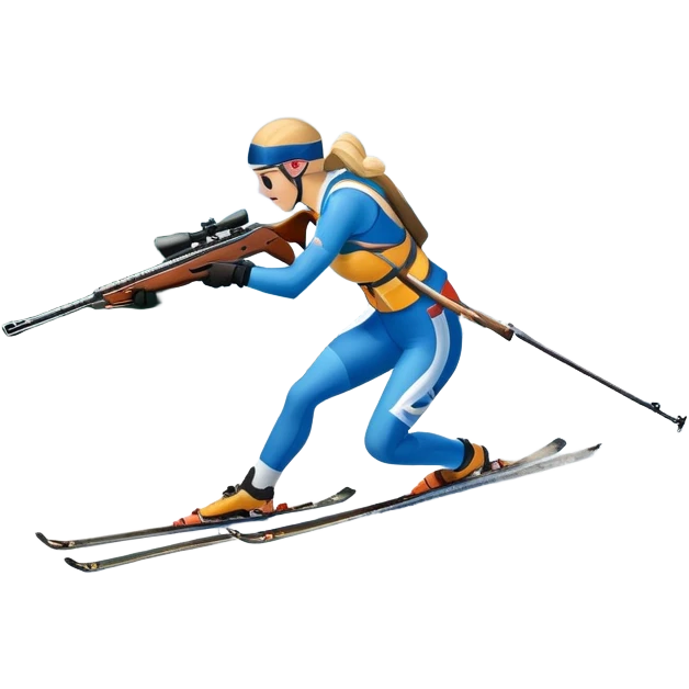 An icon featuring snow-covered trees, distant mountains, and a clear blue sky with a biathlete in motion, holding a rifle and skiing across a snowy course. Transparent background highlights the precision, endurance, and excitement of biathlon. emoji