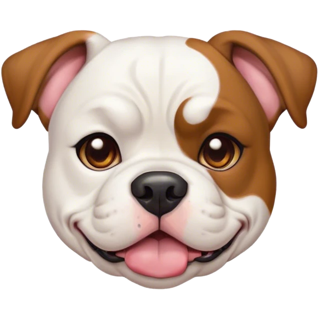 Cinematic Cute White and Brown American Bulldog Portrait Emoji, Head tilted playfully and inquisitively, soft white fur with rich brown patches, round, sparkling brown eyes filled with curiosity, Simplified yet irresistibly adorable features, highly detailed, glowing with a warm, friendly glow, high shine, affectionate and lively, stylized with a touch of whimsy, bright and endearing, soft glowing outline, capturing the essence of a mischievous yet loving pup, so playful it feels like it could bound out of the screen and into your arms! emoji