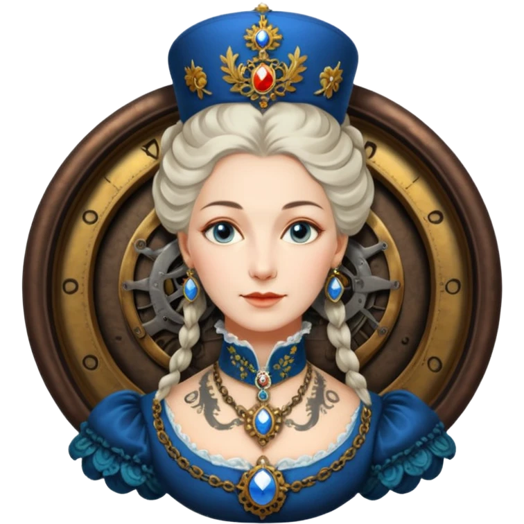 realistic cinematic Russian Empress Catherine the Great depicted with steam punk Victorian-style body tattoos emoji