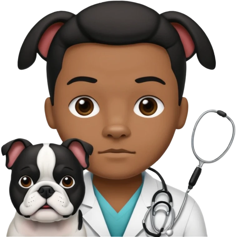 joven médico con el pelo un poco largo pero no tanto y lacio, que tenga un estetoscopio de color de piel tez negra calida !!! que sostiene un bulldog francés blanco y negro  emoji