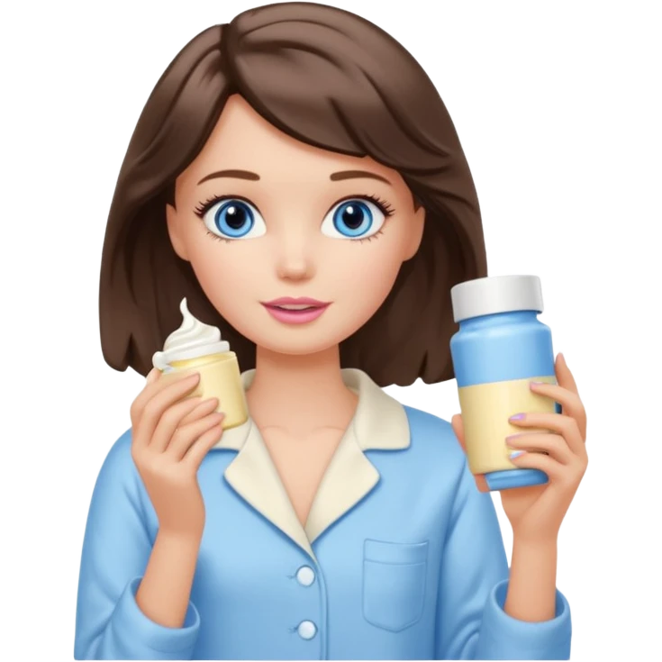 Barbie girl with makeup, blue eyes , and bob long haircut wavy, short brown hair in creamy color pajamas, face cream in hand emoji