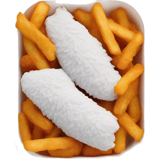 3 chicken tenders with crinkle fries and orange sauce on the side in a styrofoam container emoji