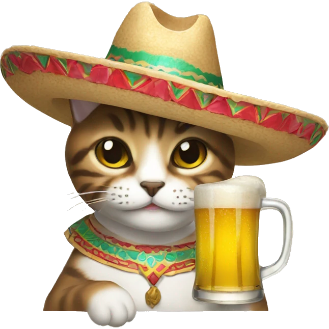 Mexican cat with sombrero drinking beer emoji