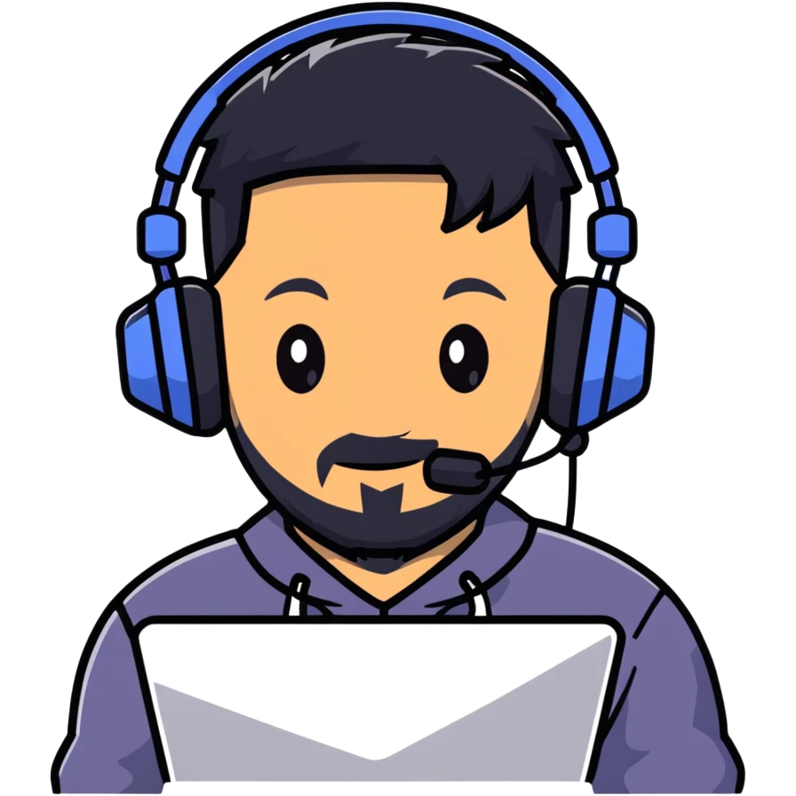 A person with black hair, brown eyes, a black beard, wearing a gaming headset emoji