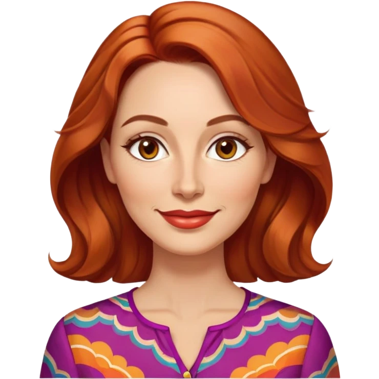 Woman in her 40s with elongated face, soft features, prominent cheekbones, friendly warm smile, medium almond-shaped brown eyes, defined eyebrows, straight nose, medium lips, vibrant red wavy hair, wearing a colorful blouse emoji