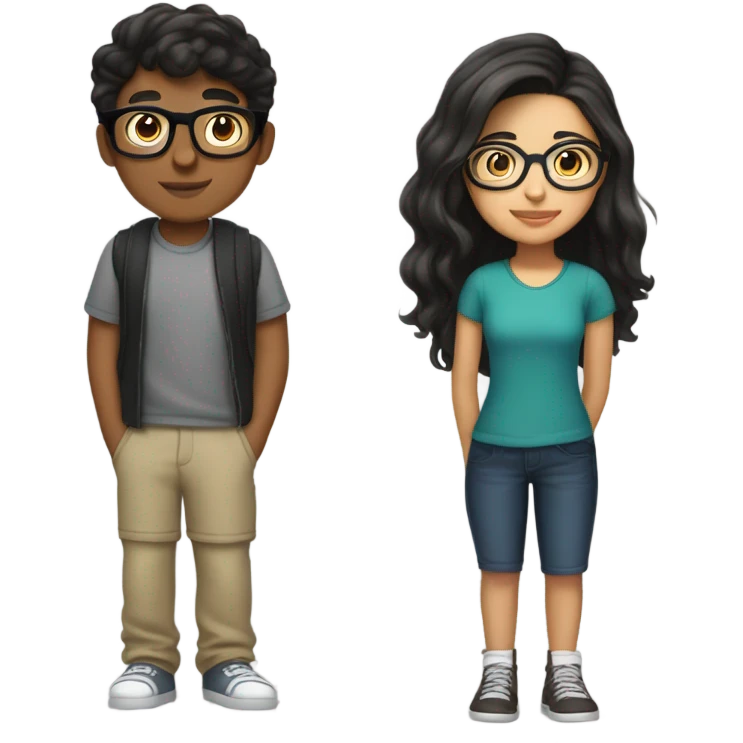 teen couple boy and girl, boy is taller, morenito and of hispanic race. boy has glasses and short black hair . girl has long dark brown hair, and is of hispanic race but has fair light skin and is “guerita”. girl is shorter. they are a couple and are of 15 and 16 years of age emoji
