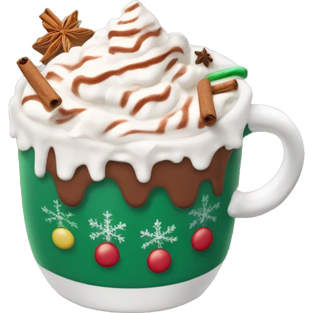 Decorated Christmas mug of hot chocolate with whipped cream and cinnamon emoji