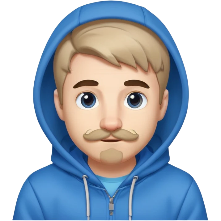 Mr. Beast wearing a blue hoodie, small ferret mustache, small light beard, playful expression emoji