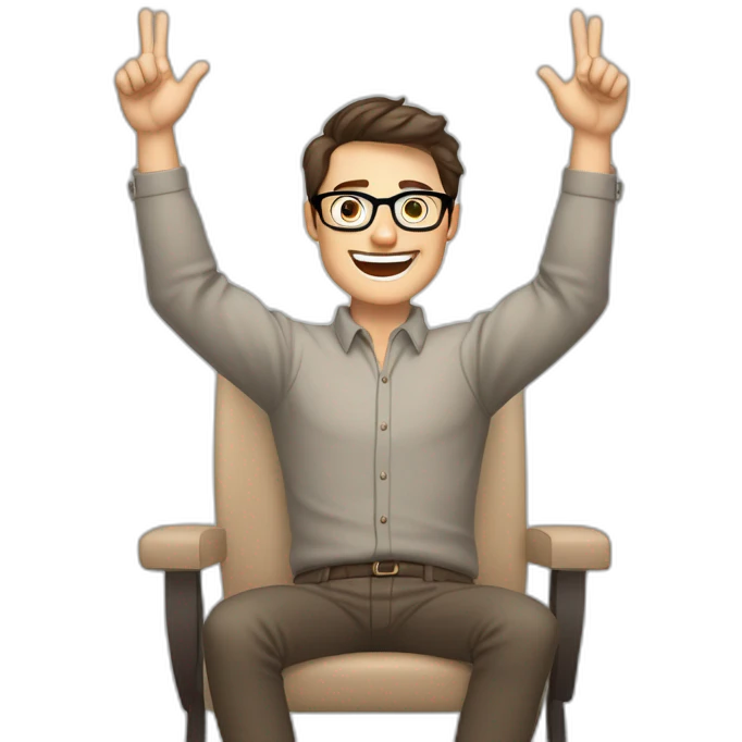Joyful Celebrating victory Hands up Pale skinned Fit Man With dark brown hair in gray jacket, beige office shirt, Brown pants and vintage glasses sitting In a soft chair emoji