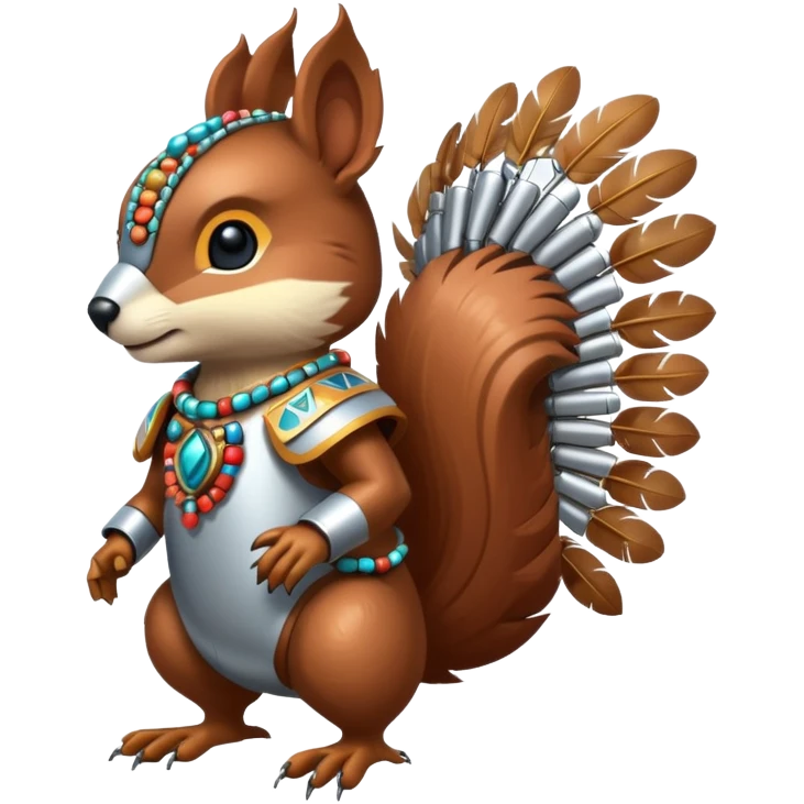 Full Robotic squirrel wearing native American regalia with feathers and beads emoji