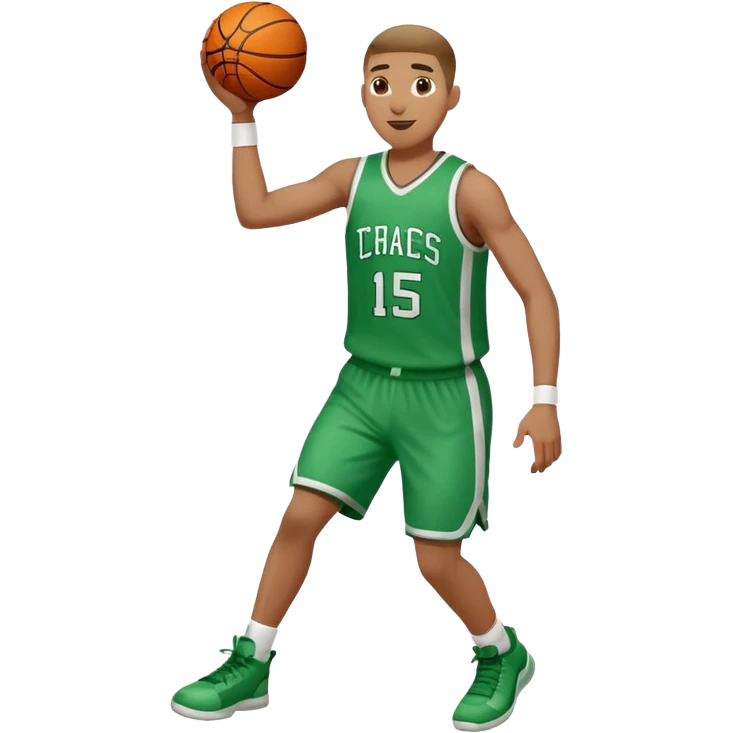 jugador de básquet celebrando, con camiseta blanca y verde emoji