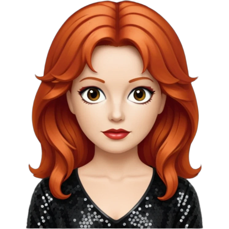 Lee Purcell with medium red hair,  black sequin outfit  emoji