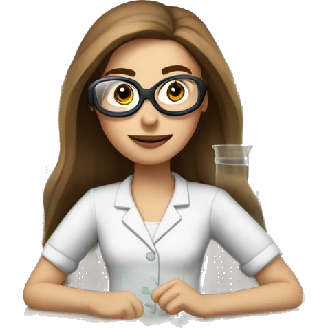 Pale Woman with straight long brown hair wearing small clear goggles in a lab class with a traditional bench and beakers  emoji