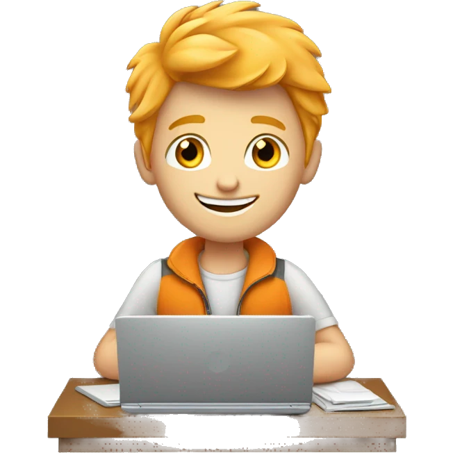 attractive blonde orange haired boy working on laptop in zipper showing thumbs up emoji