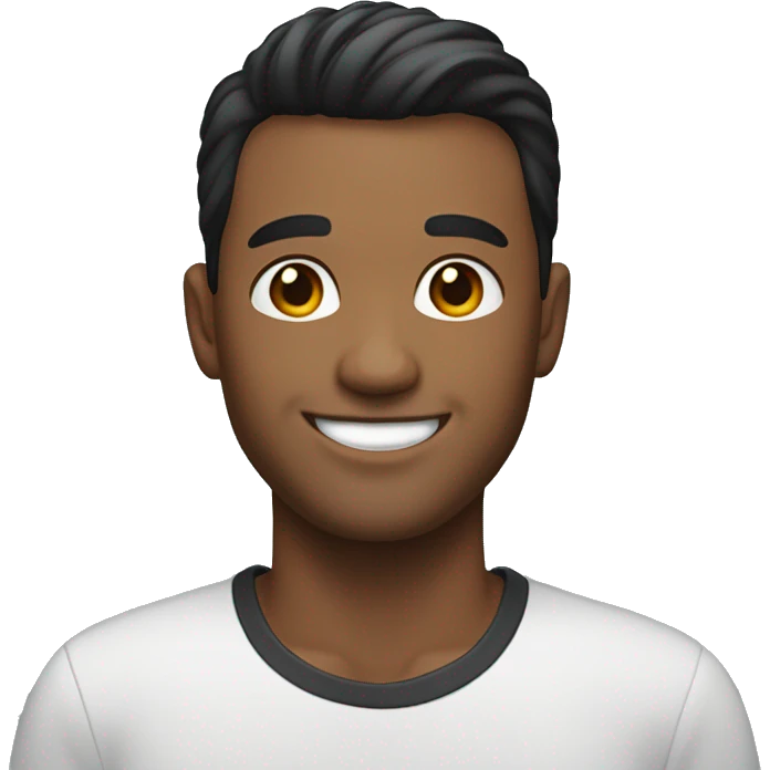 man smiling broadly, black short hair combed back, clean-shaven face with slight stubble emoji