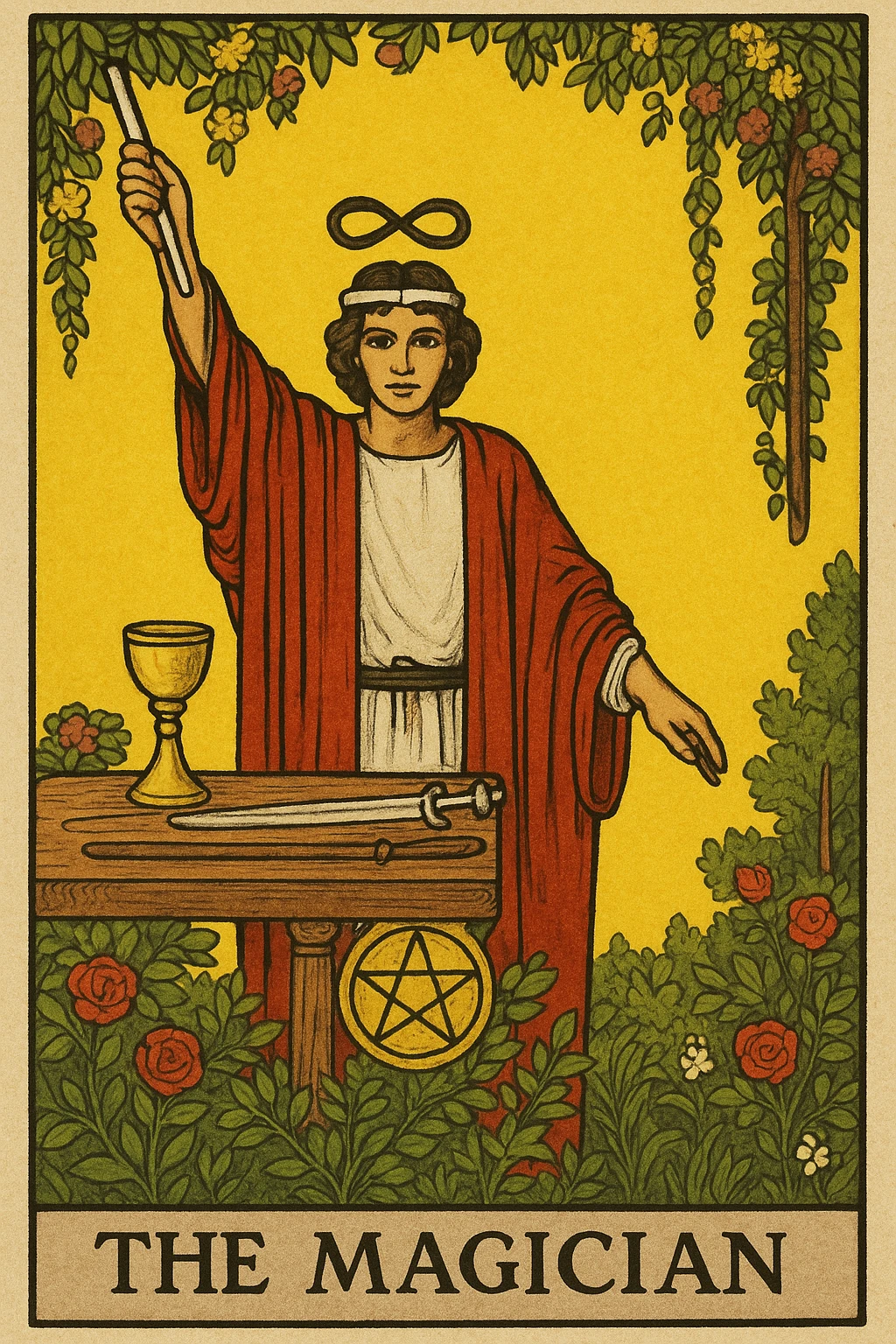The Magician tarot card, Rider Waite Smith style, magician in red and white robes, holding a wand, table with tarot suits, lush garden, yellow background, classic tarot art. emoji