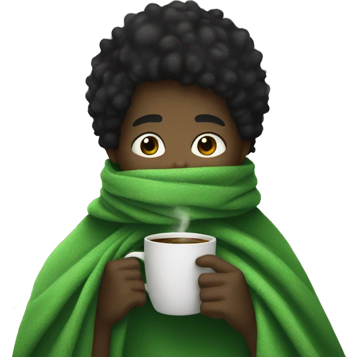 black hair boy wrapped in green blanket drinking coffee emoji