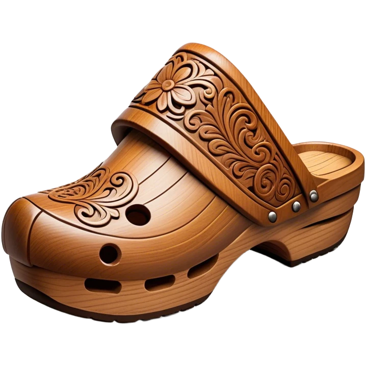 Cinematic Realistic Wooden Clogs Emoji, depicted as a pair of traditionally carved wooden clogs with intricate details and rustic charm. emoji