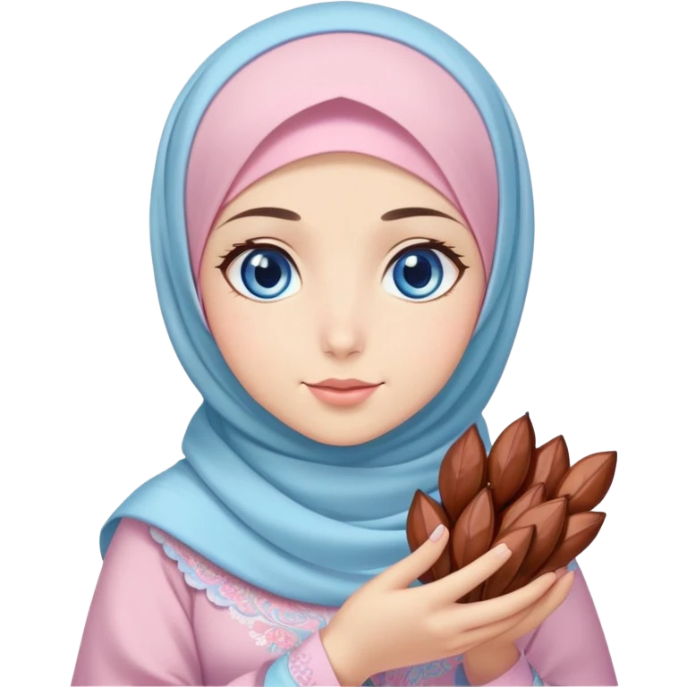 Turkish beautiful finish Konya girl blue eyes with pastel sakura hijab islamic dress and had on her hand dates emoji