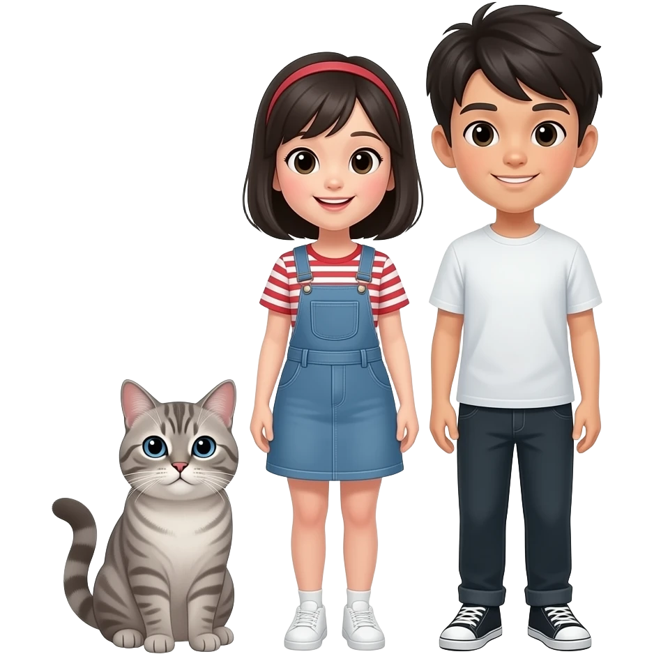 asian girl and asian boy with american shorthair gray tabby cat and ragdoll emoji
