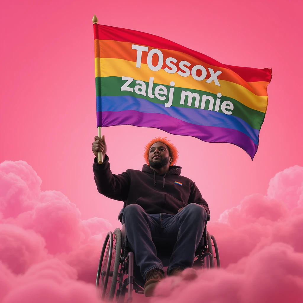 Cinematic shot advertising, Black man with red hair sitting on wheelchair holding lgbt flag holding text "T0ssox zalej mnie" pink clouds around, pink sky with pink back light emoji