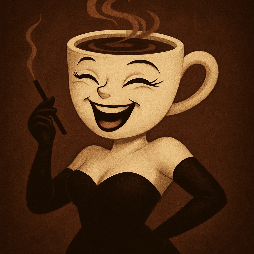 Edit the coffee cup woman character to have a laughing joyfully expression with closed eyes and a wide open mouth smile. Keep the original style and character intact, only modify the eyes and mouth to reflect this expression. emoji