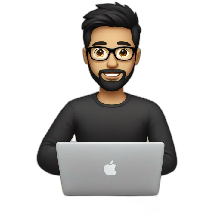 Designer with black hair, beard and glasses working with MacBook and drinking cappuccino  emoji