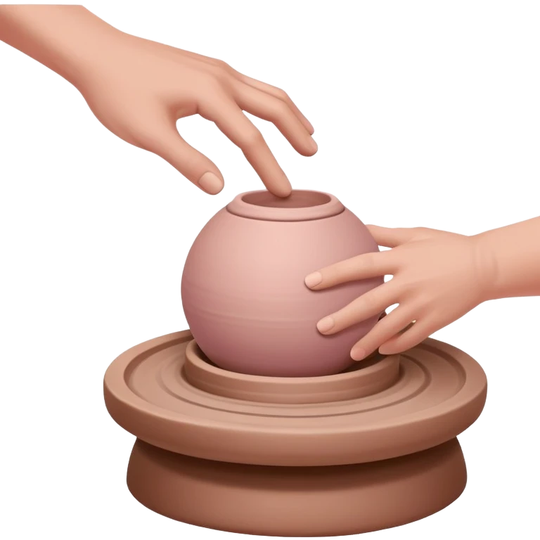 one hand pressing down on a pink ball of clay above an empty pottery wheel, with the clay not touching the wheel surface, hovering slightly above it emoji