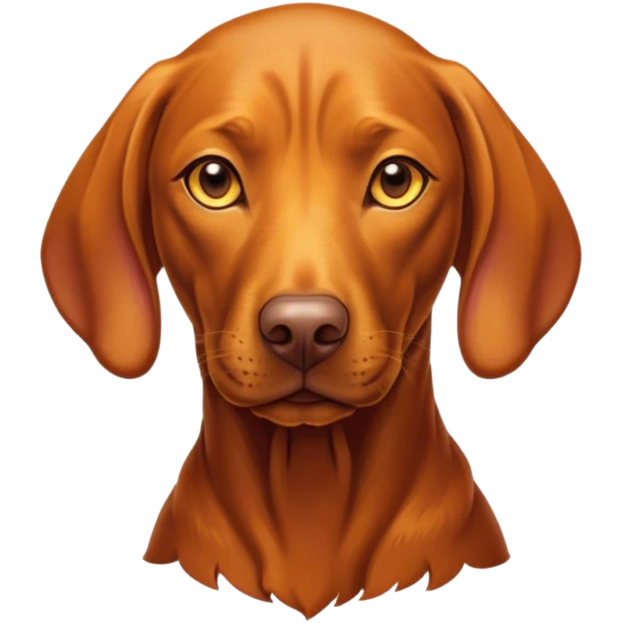 Cinematic Noble Vizsla Portrait Emoji, Poised and regal, with a sleek, athletic build and a short, smooth Fur of rust and gold, deep-set soulful amber eyes, Simplified yet sharp and sophisticated features, highly detailed, glowing with a soft, dignified glow, high shine, intelligent and agile, stylized with an air of determination, focused and attentive, soft glowing outline, capturing the essence of a watchful and confident companion, so majestic it feels as though it could sprint out of the screen with effortless authority! emoji