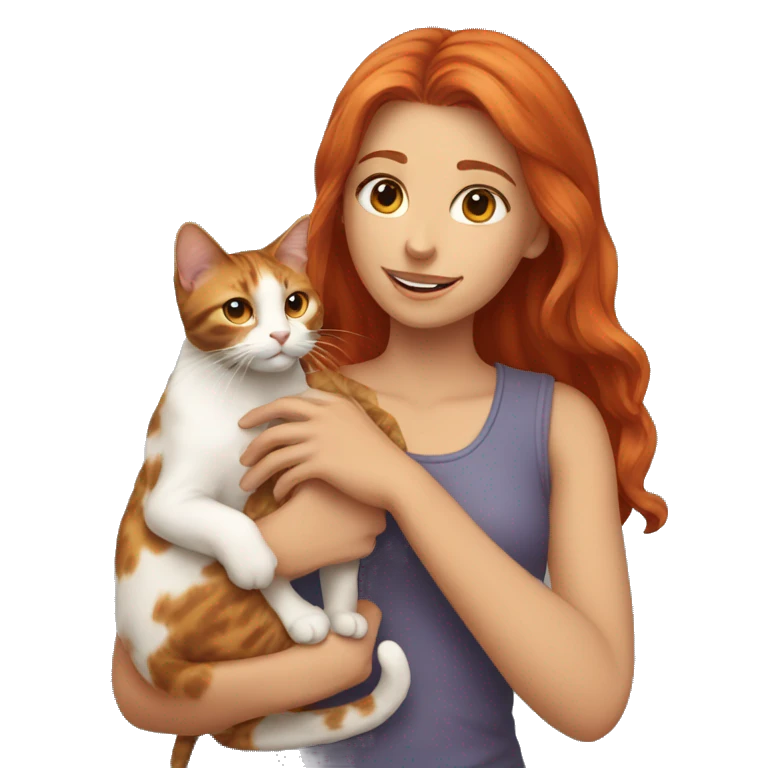 Red haired girl holding torti cat emoji