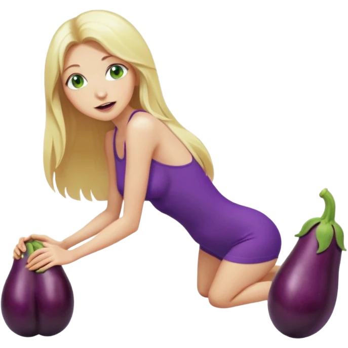 Naked woman tits out long blonde hair green eyes full body skinny legs no clothing kneeling eggplant in mouth emoji