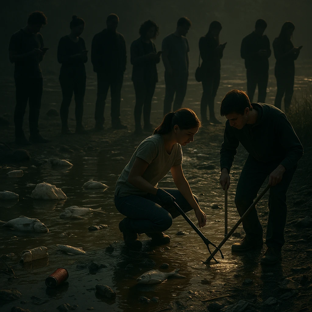 A group facing a polluted river with trash and dead fish. Most people are distracted or on their phones, while two individuals step forward to clean or investigate. Lighting focuses on the proactive pair, others in shadow. Conceptual, symbolic, cinematic, strong contrast, hyperrealistic 4K. emoji