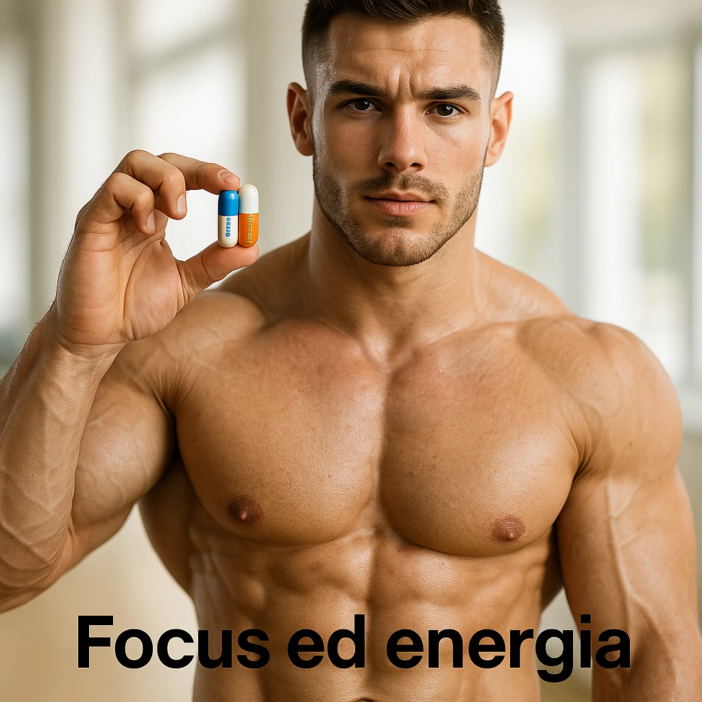 hyper realistic 25 year old bodybuilder showing citicoline and acetylcarnitine, defined muscles, two colored capsules in foreground, text 'Focus ed energia', bright environment emoji