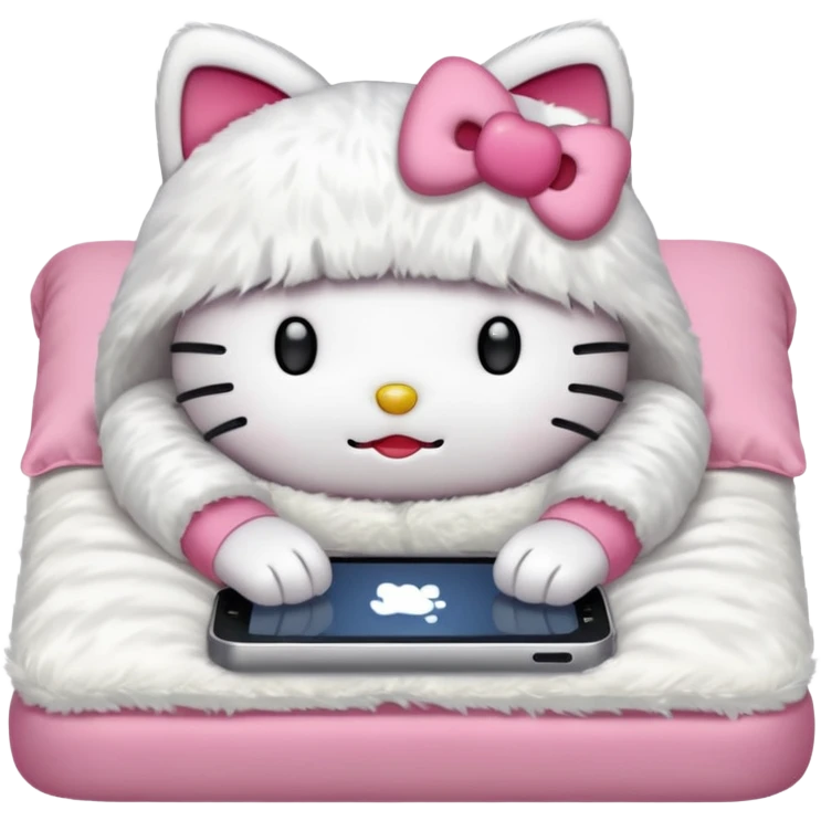 hello kitty without a mouth tucked into bed and using her phone emoji